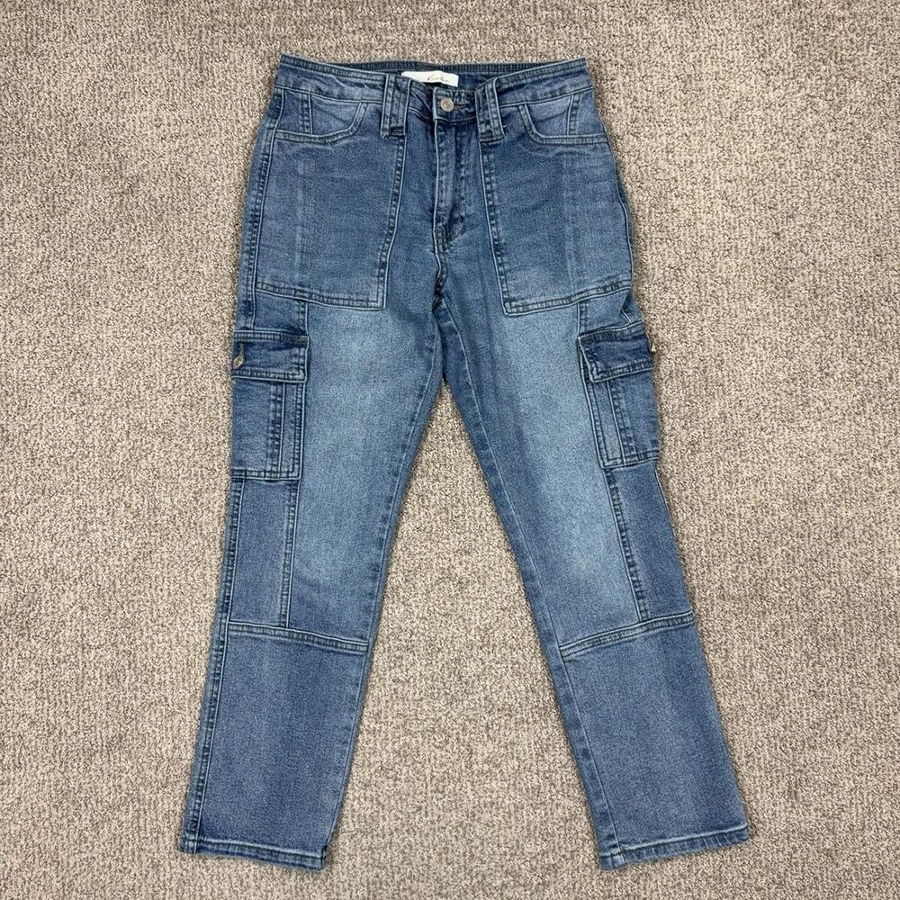 KanCan Cargo Jeans Womens 25 Blue High Rise Straight Utility Stretch Denim